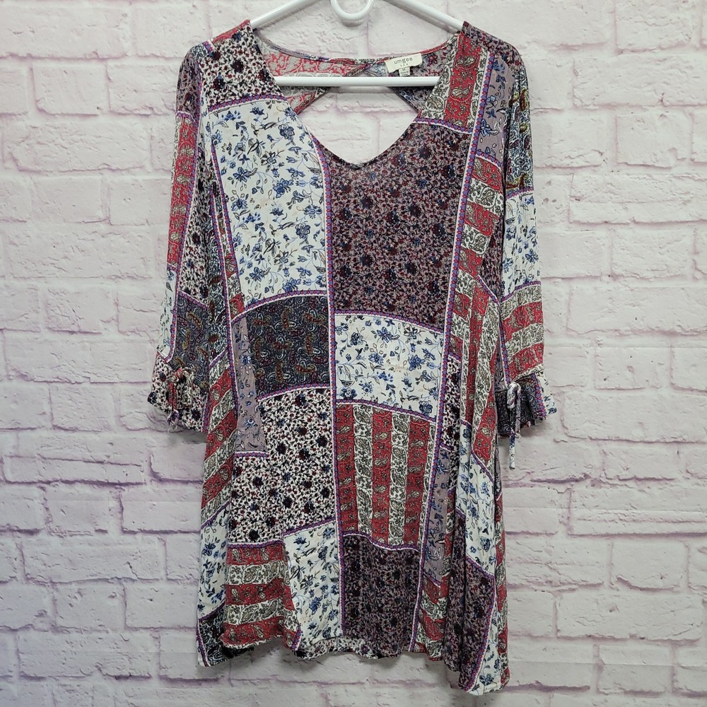 Umgee Boho Patchwork Floral Long Tunic Top M VNeck Cutout Back Cottagecore Flowy